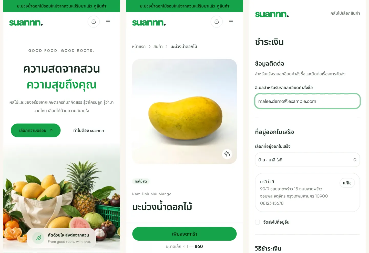 The storefront on a phone: home, product, and checkout